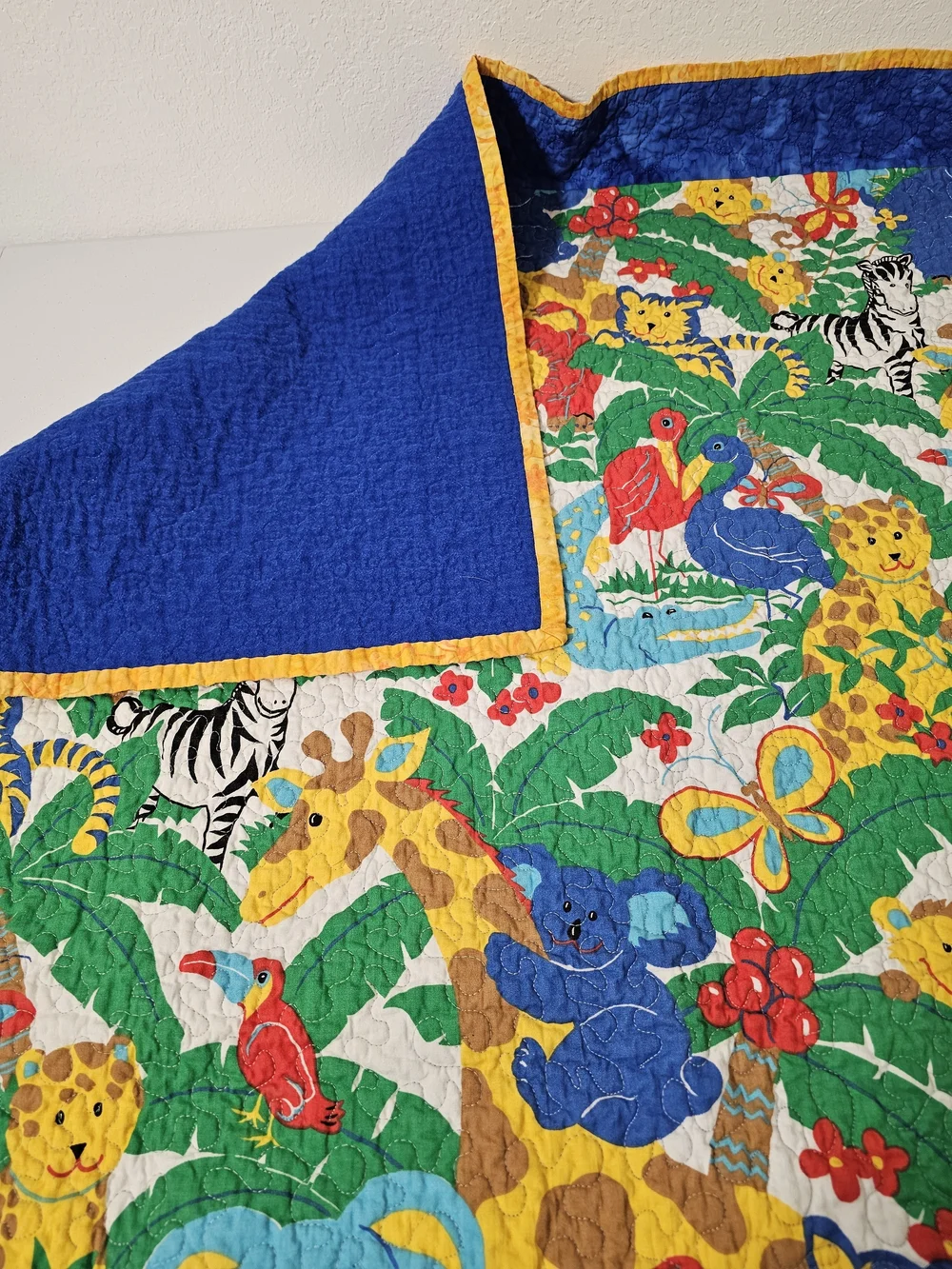 Reversible Crib Quilt Jungle Safari Animals Multicolor with Blue Backing